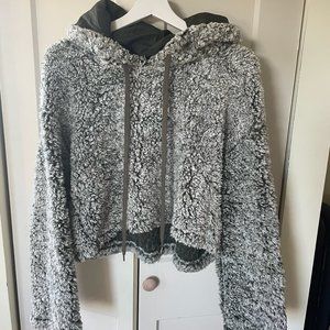 Sherpa White/Green Fleece Crop Hoodie, Excellent Condition